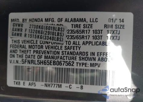 2014 Honda Odyssey Ex-L from USA, damaged, VIN 5FNRL5H65EB067562